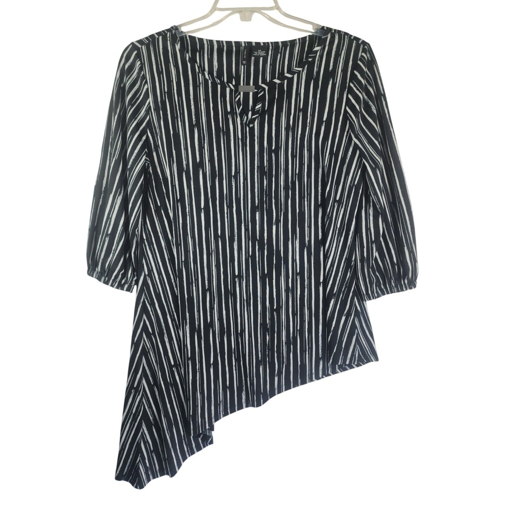 New Directions Womens M Tunic Top Black White Stripe Asymmetrical Artsy Modern